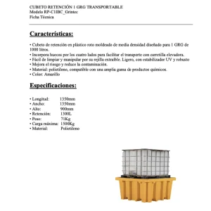 Ficha técnica de cubeto retención 1 GRG de polietileno