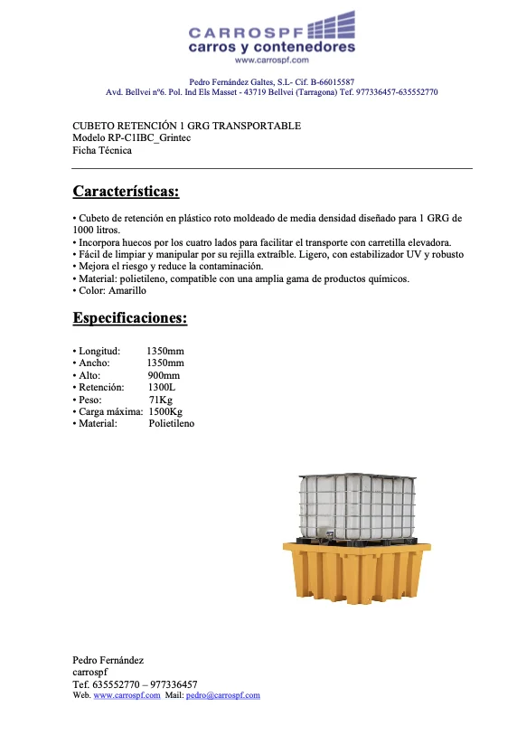 Ficha técnica de cubeto retención 1 GRG de polietileno