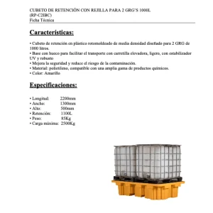 Cubeto de retención de polietileno con rejilla para 2 GRG de 1000L
