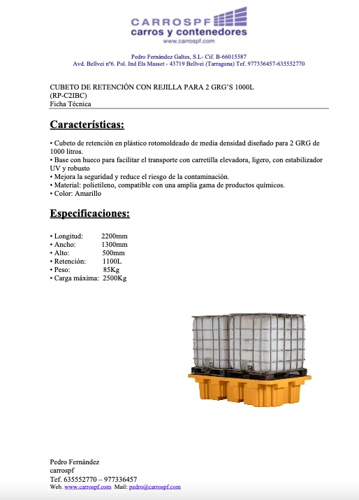 Cubeto de retención de polietileno con rejilla para 2 GRG de 1000L