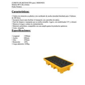Ficha técnica de cubeto de retención de polietileno para 2 bidones