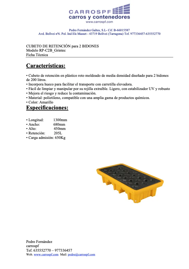 Ficha técnica de cubeto de retención de polietileno para 2 bidones