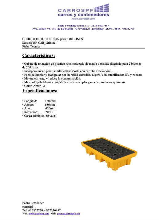 Ficha tecnica cubeto de retencion para 2 bidones