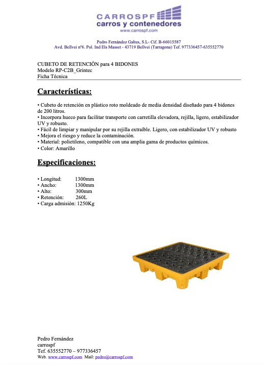 Ficha tecnica cubeto de retencion para 2 bidones